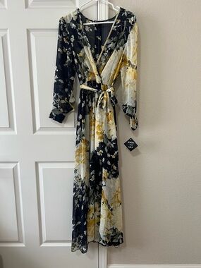 Kate and Lily Sheer Long Sleeve Floral Maxi Dress Tie Waist Size 8 NWT